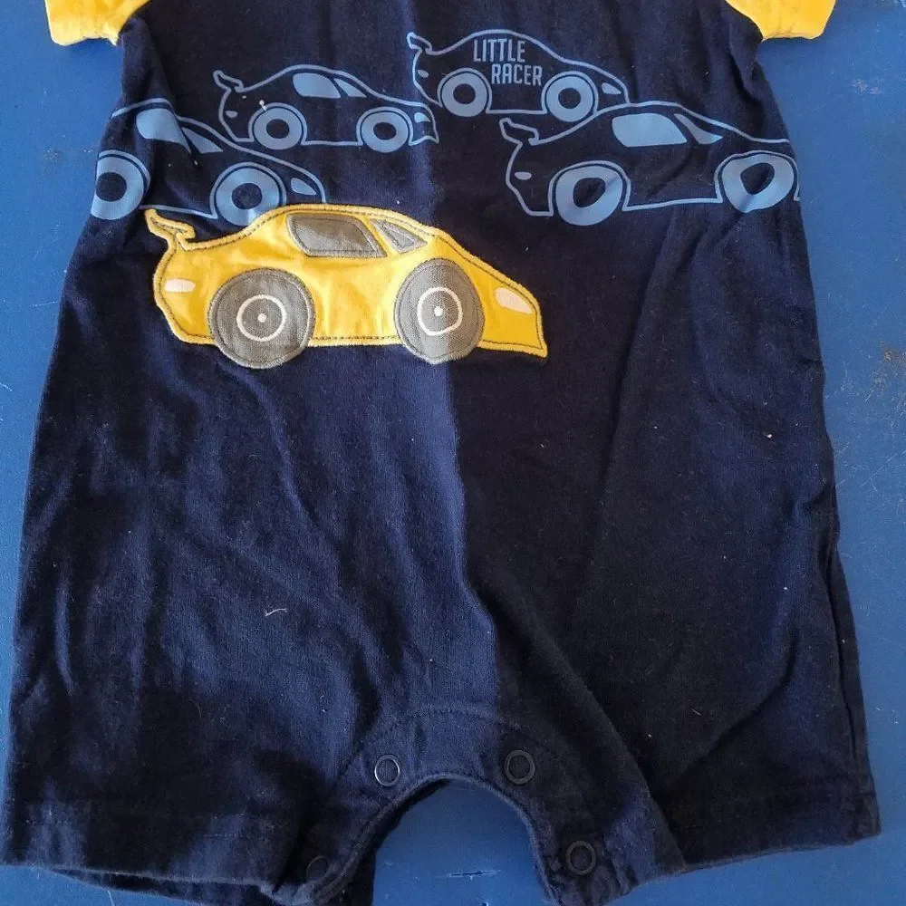 Carter's Boy's 6/9 Months Blue Race Car Short Sleeve Romper Outfit